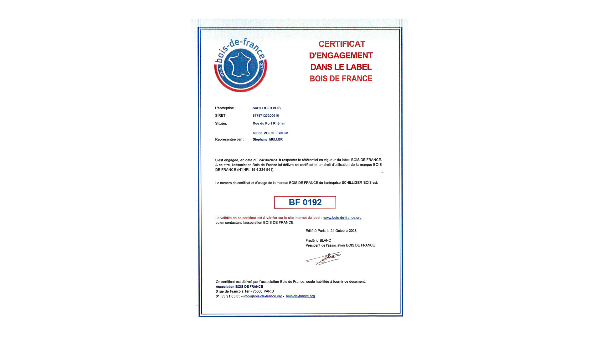 Certificat d'engagement Bois de France